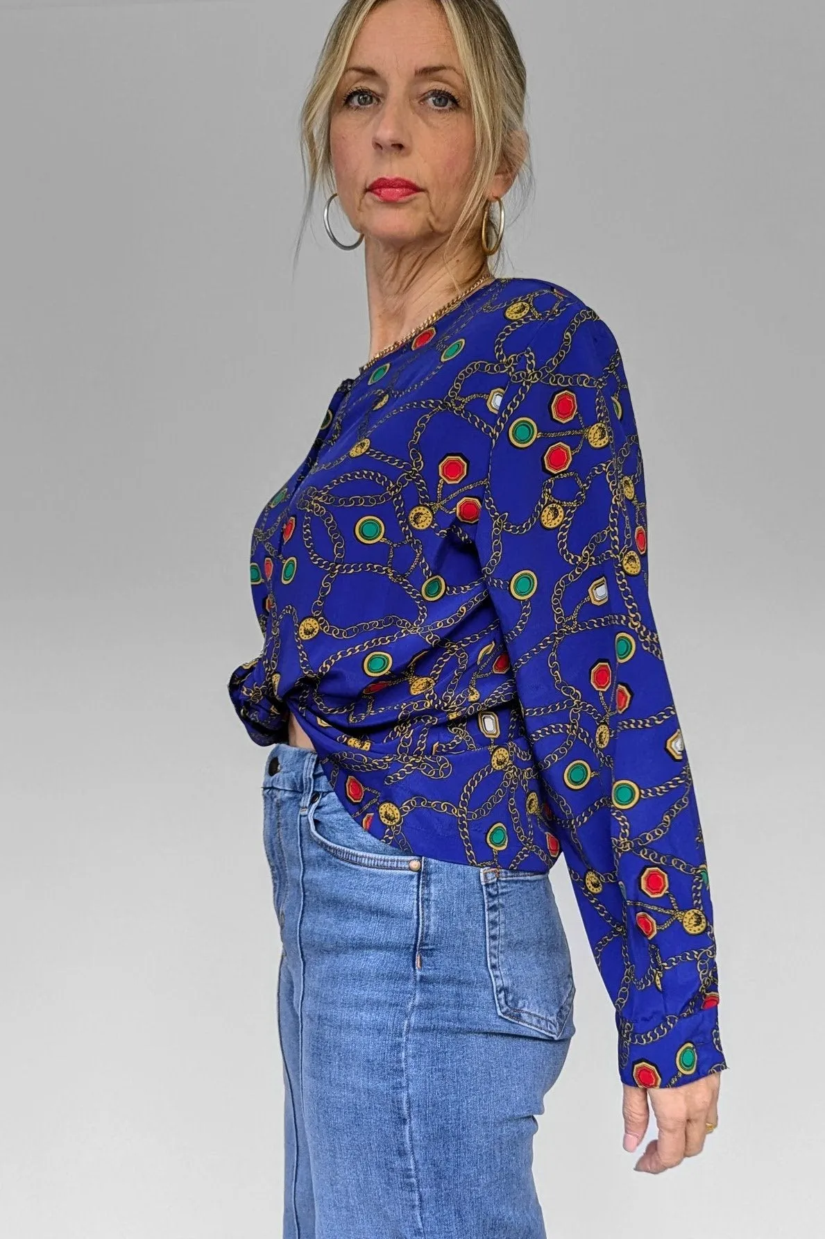 80's Blue Chain Print Blouse
