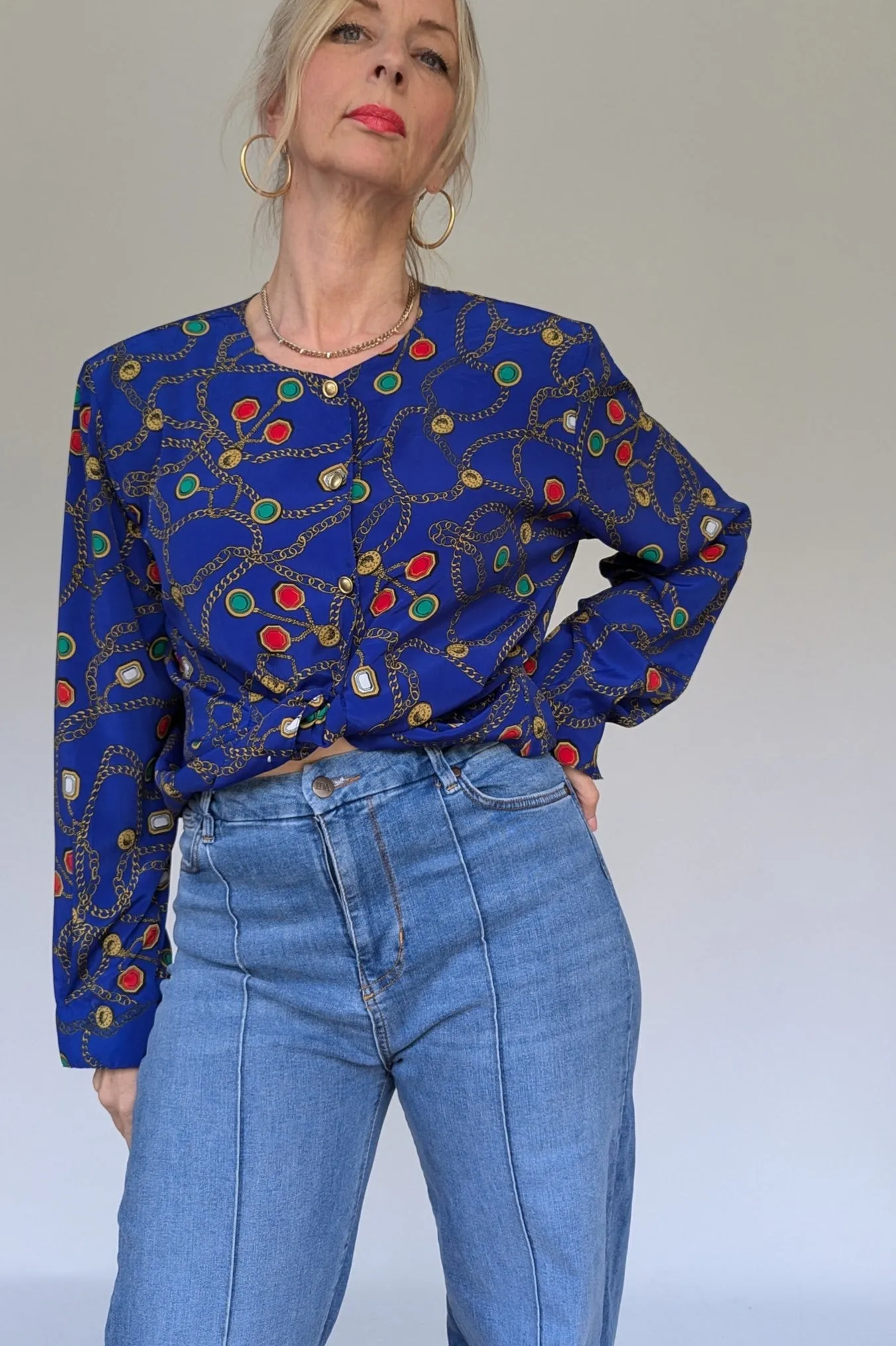 80's Blue Chain Print Blouse