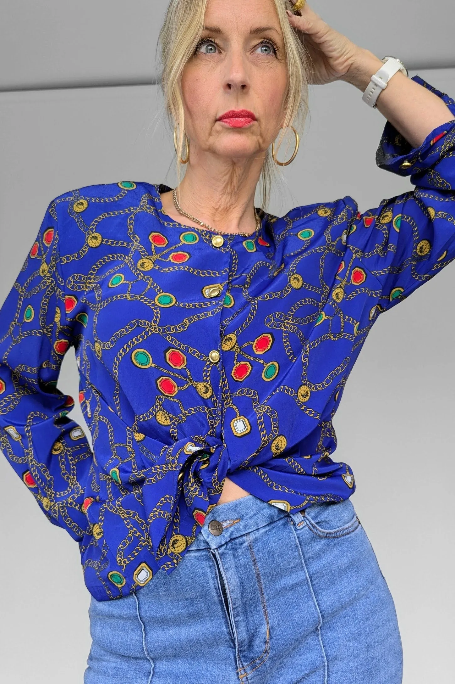 80's Blue Chain Print Blouse