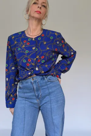 80's Blue Chain Print Blouse