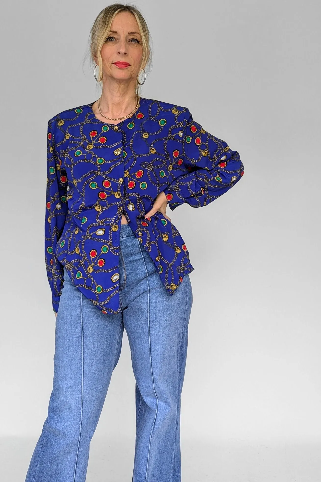 80's Blue Chain Print Blouse