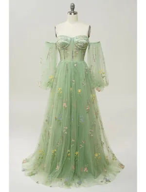 A-Line Evening Gown Floral Dress Formal Prom Floor Length Long Sleeve Sweetheart Lace Backless with Pleats Appliques