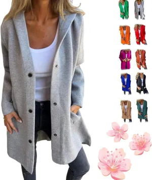 Cedar and Ash Single Breasted Hooded Jacket, Casual Single Breasted Jacket, Long Sleeve Solid Color Trench Coat with Pockets