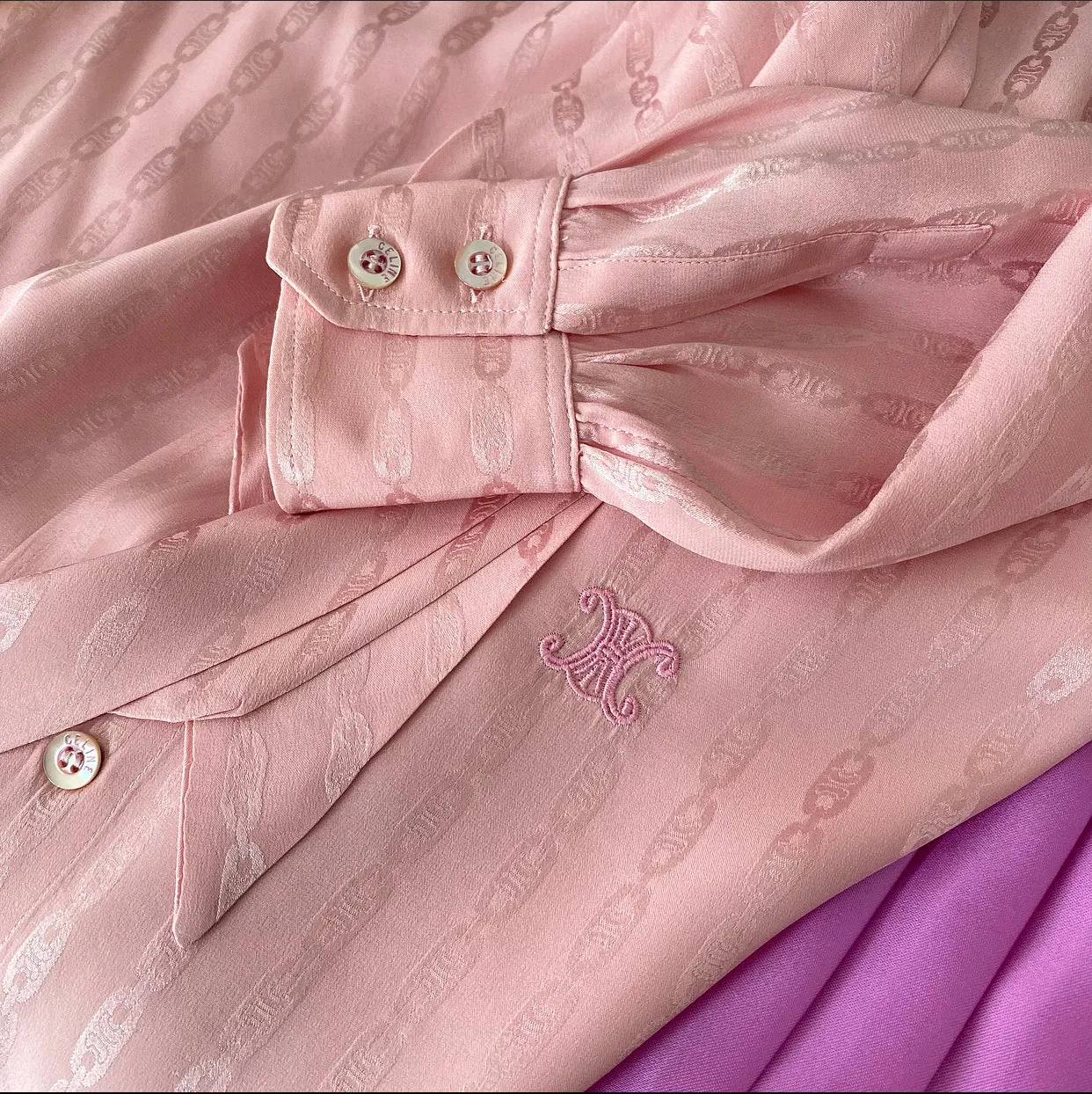 Celine Vintage Silk Jacquard Logo Tie Neck Blouse - S (4/6)