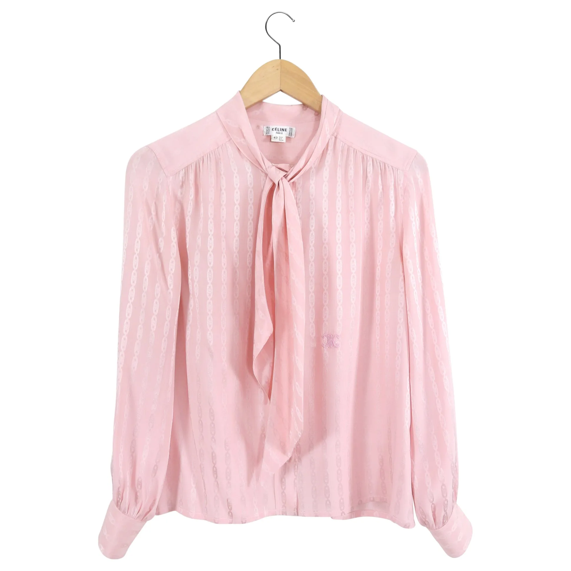 Celine Vintage Silk Jacquard Logo Tie Neck Blouse - S (4/6)