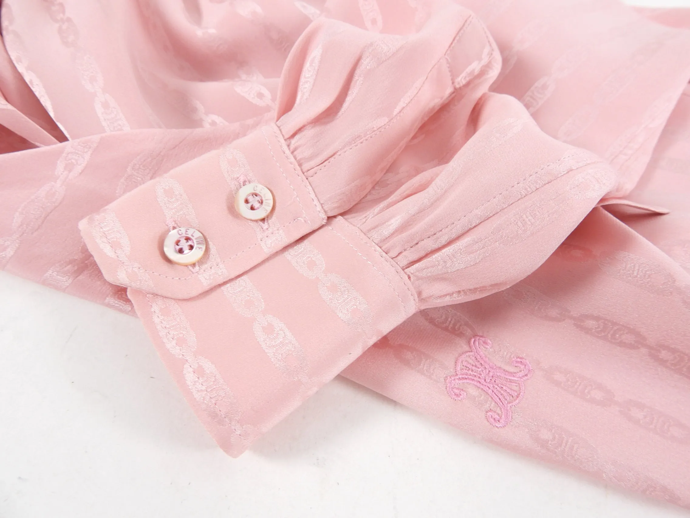 Celine Vintage Silk Jacquard Logo Tie Neck Blouse - S (4/6)