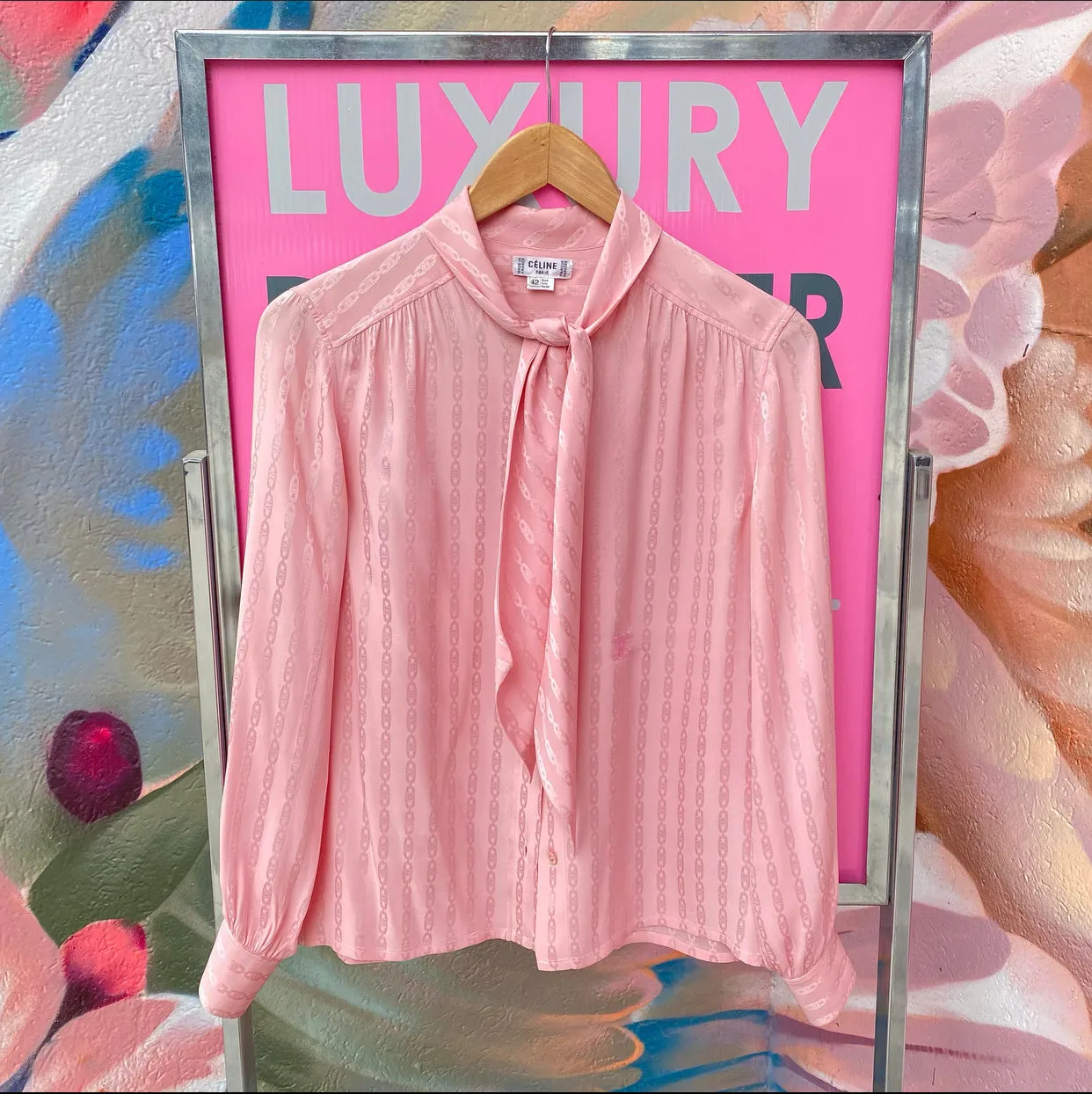 Celine Vintage Silk Jacquard Logo Tie Neck Blouse - S (4/6)