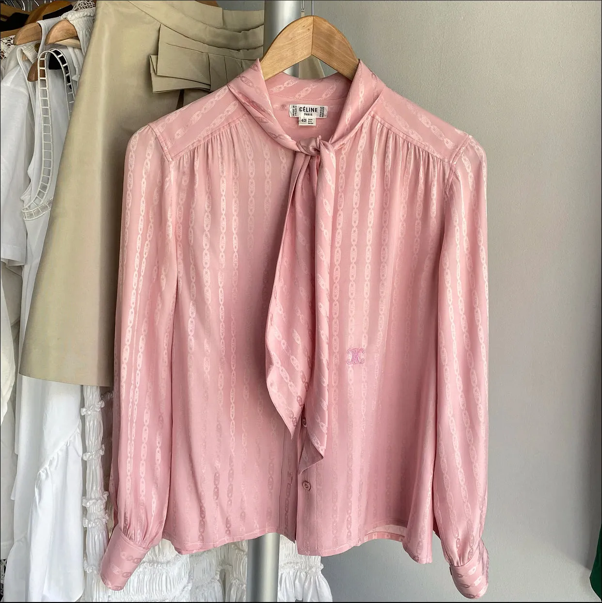Celine Vintage Silk Jacquard Logo Tie Neck Blouse - S (4/6)