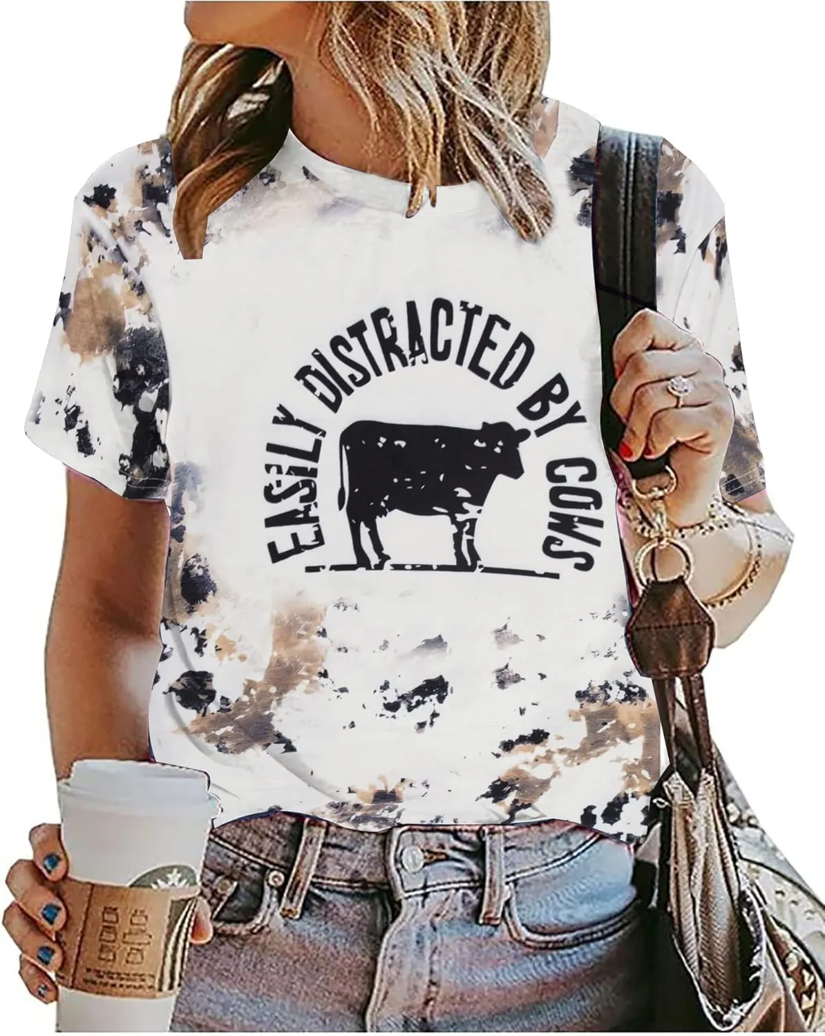 Cow Shirts for Women Easily Distracted by Cows Bleached Cowgirl T-Shirt Short Sleeve Vintage Western Tops