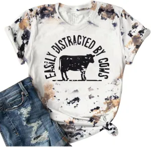Cow Shirts for Women Easily Distracted by Cows Bleached Cowgirl T-Shirt Short Sleeve Vintage Western Tops