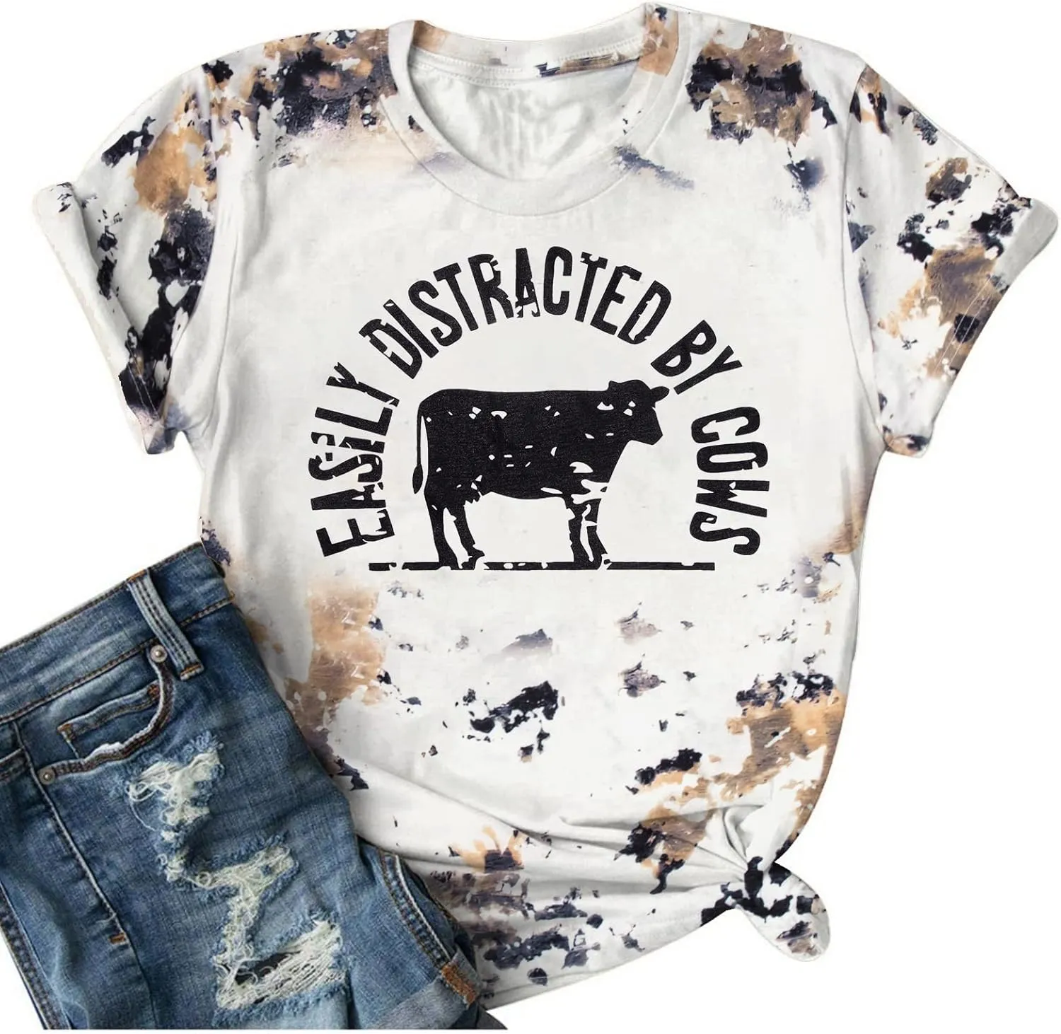 Cow Shirts for Women Easily Distracted by Cows Bleached Cowgirl T-Shirt Short Sleeve Vintage Western Tops