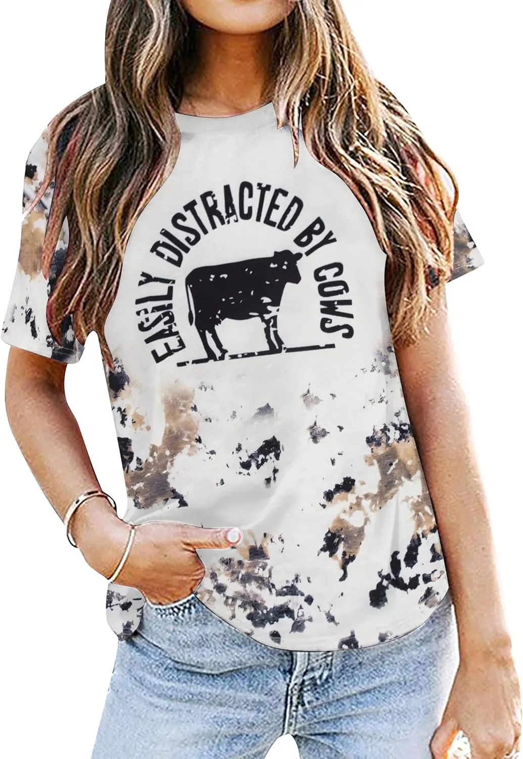Cow Shirts for Women Easily Distracted by Cows Bleached Cowgirl T-Shirt Short Sleeve Vintage Western Tops