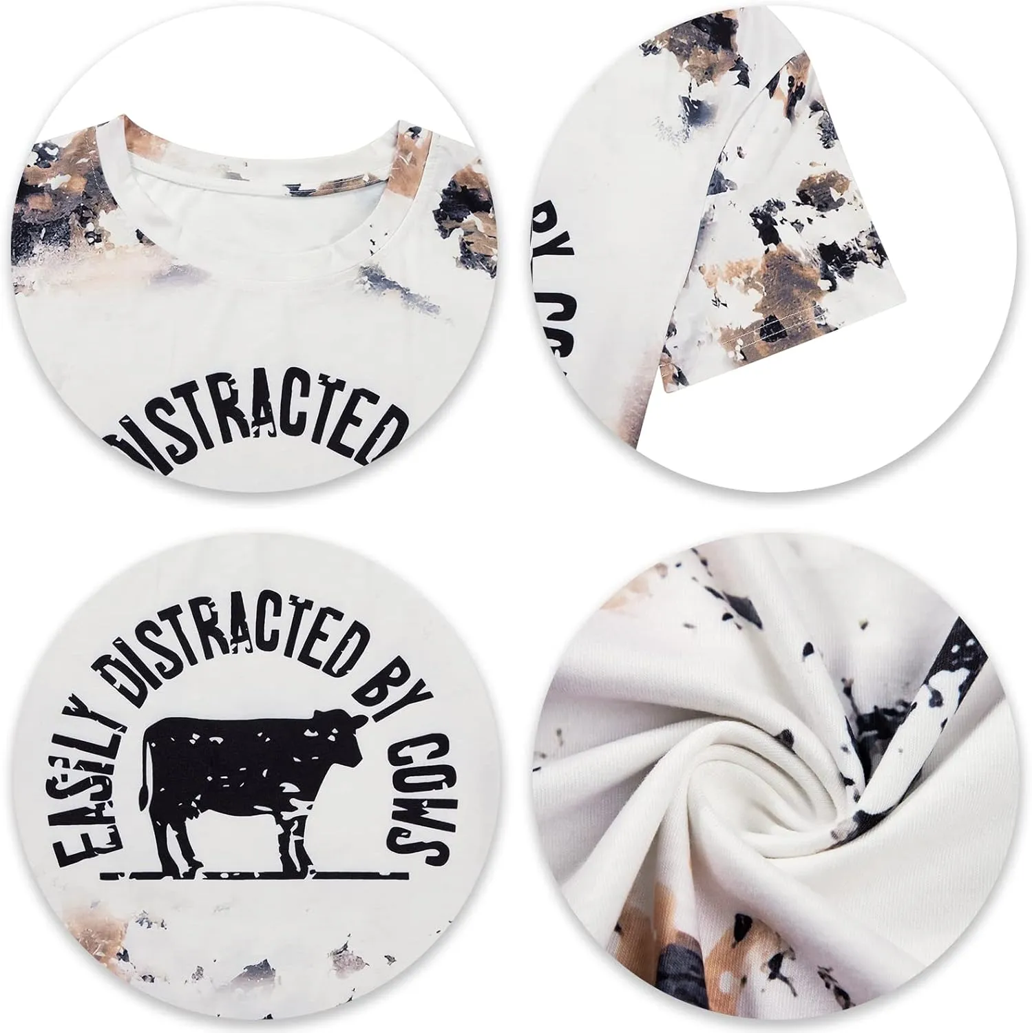 Cow Shirts for Women Easily Distracted by Cows Bleached Cowgirl T-Shirt Short Sleeve Vintage Western Tops