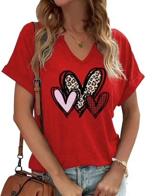 Earlymemb Womens Lover Heart Graphic V Neck Shirt Valentines Funny Couple Matching Casual Short Sleeve Tee Tops