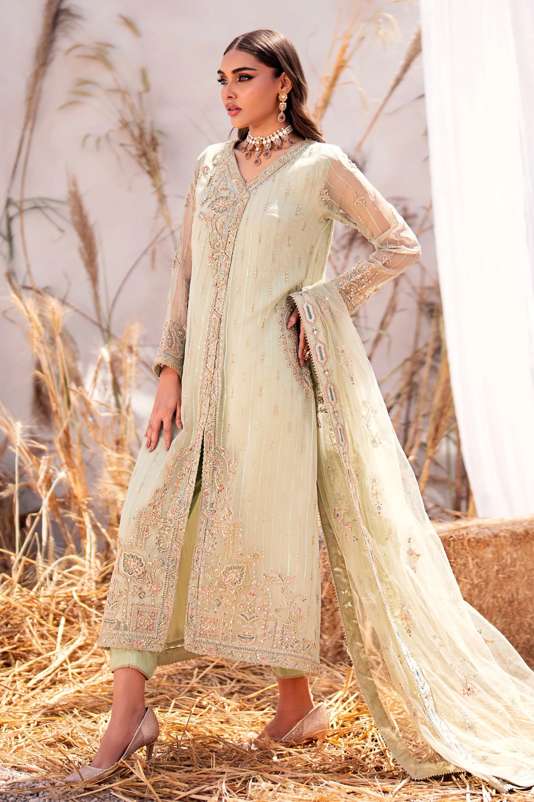 Embroidered Pistachio Shade Pakistani Wedding Dress in Angrakha Style