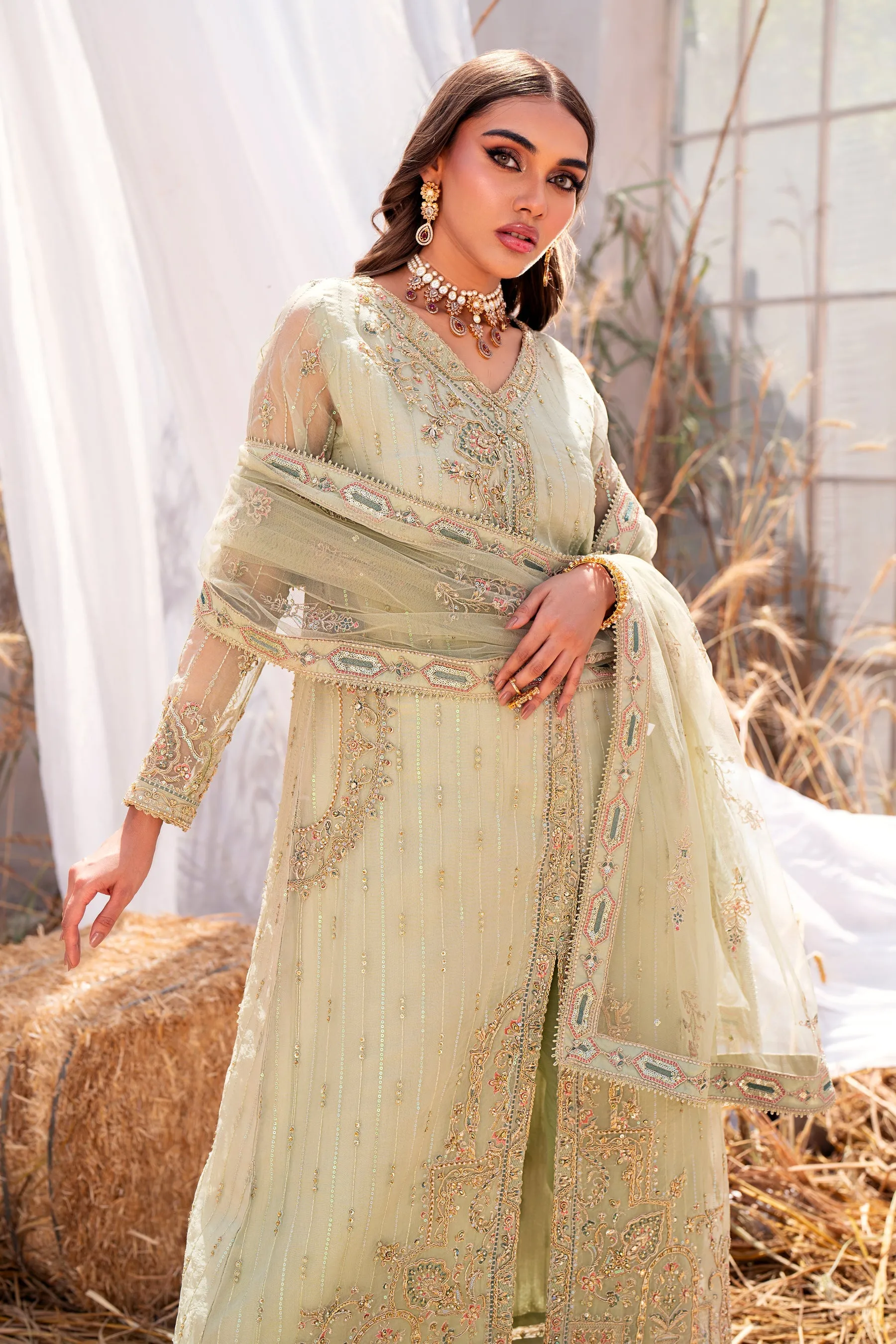 Embroidered Pistachio Shade Pakistani Wedding Dress in Angrakha Style