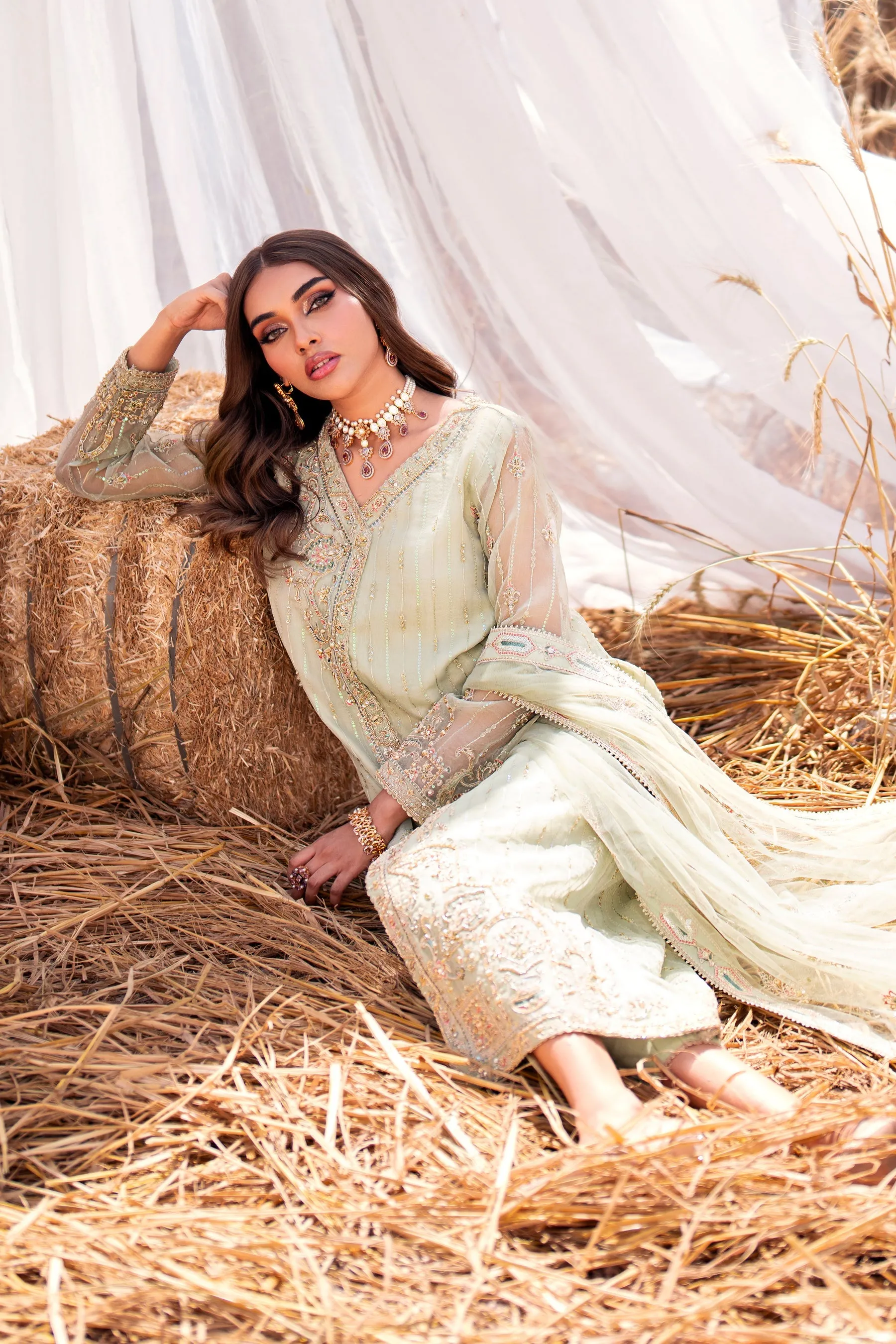 Embroidered Pistachio Shade Pakistani Wedding Dress in Angrakha Style