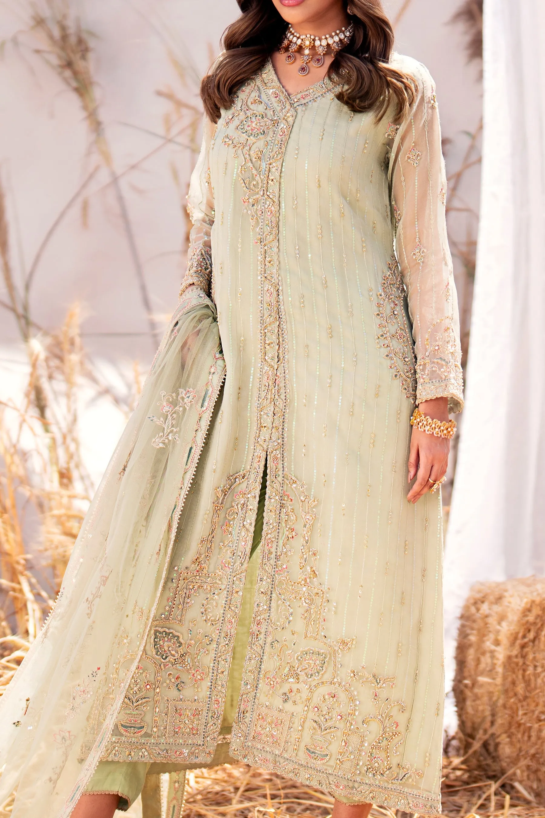 Embroidered Pistachio Shade Pakistani Wedding Dress in Angrakha Style