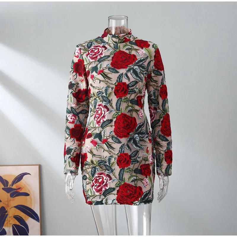 Ethel Embroidered Lace High Collar Mini Dress