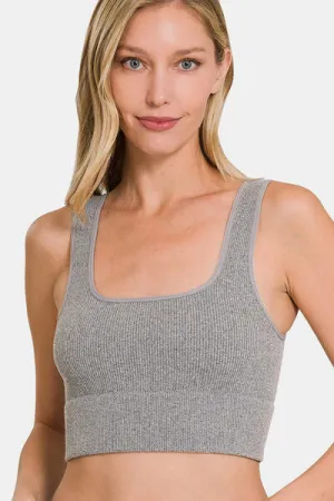 Grey Ribbed Square Neck Cropped Tank