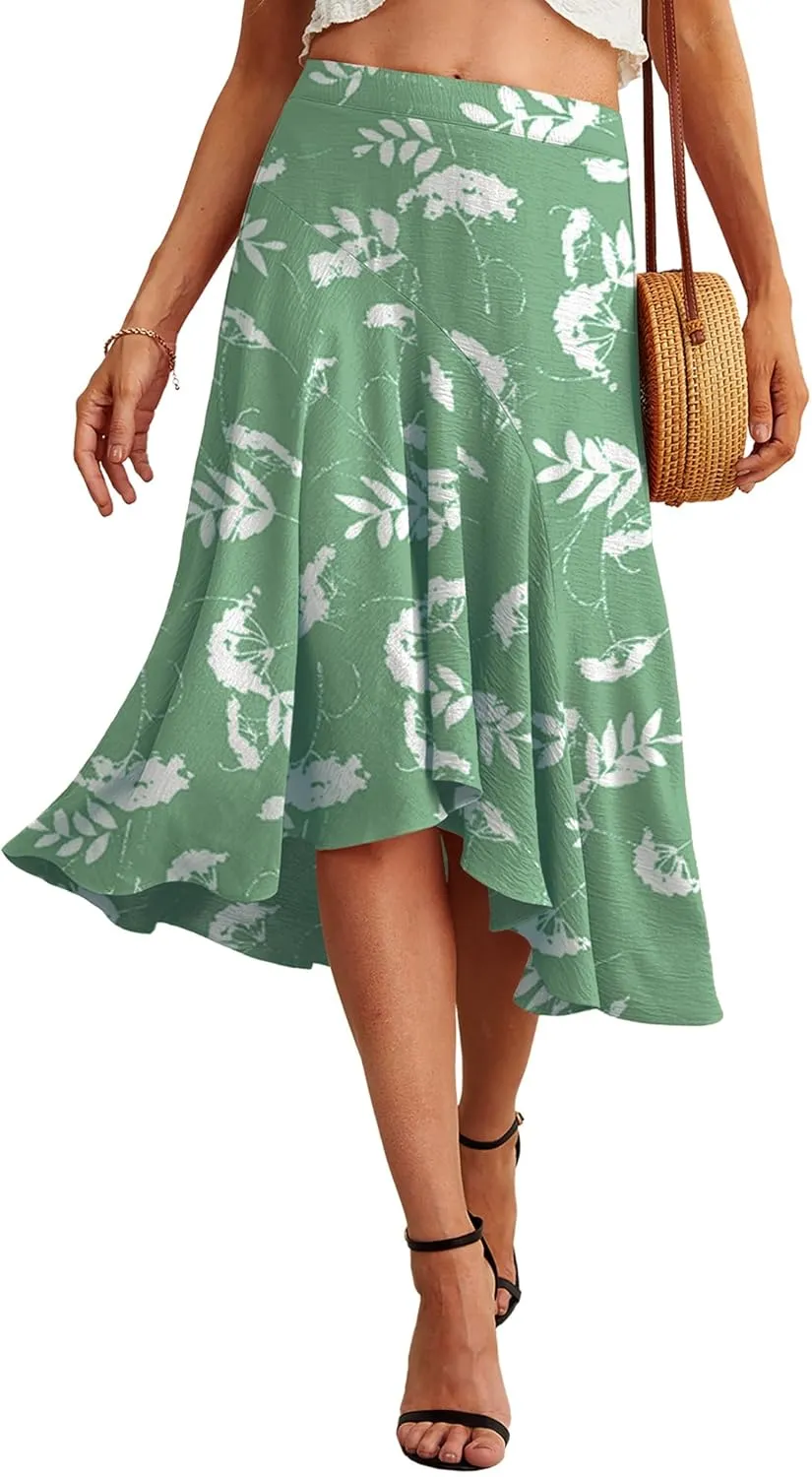 JINKESI Women's Midi Skirt Elegant Flowy Ruffle High Waist Summer Casual High Low Midi Skirts