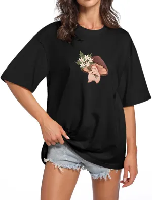 KEEVICI Women Cute Mushroom Oversized T Shirt Kawaii Graphic Cottagecore Tee Cotton Crewneck Short Sleeve Tops Teens