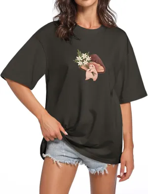 KEEVICI Women Cute Mushroom Oversized T Shirt Kawaii Graphic Cottagecore Tee Cotton Crewneck Short Sleeve Tops Teens