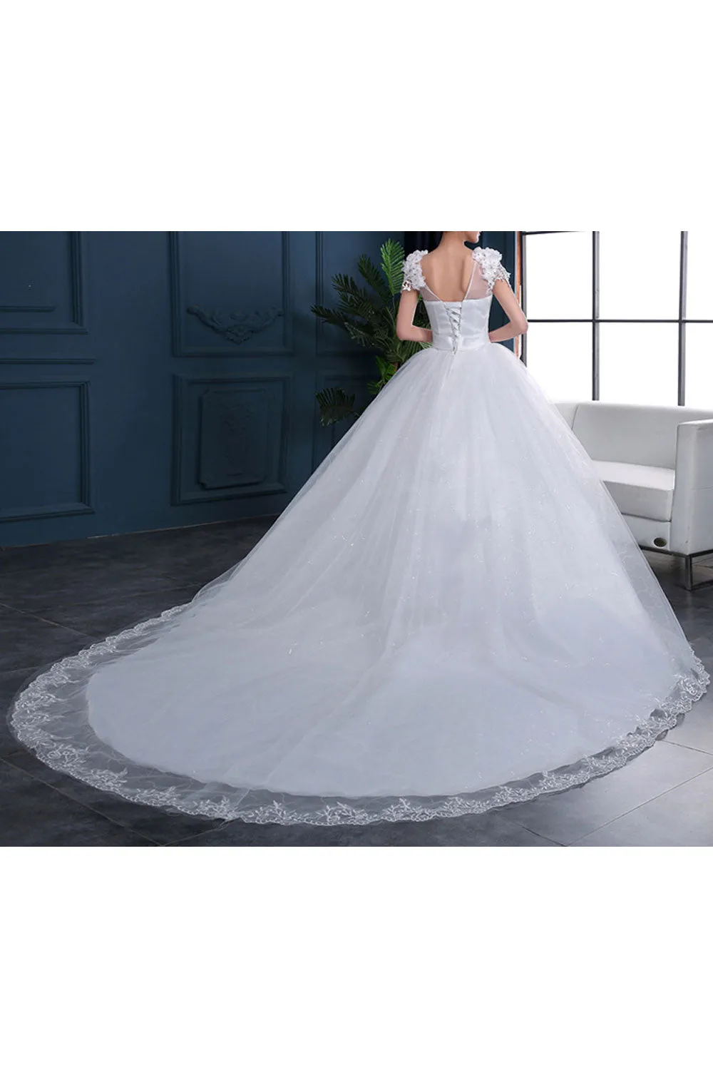 Ketty More Women V-Neck Lace Decorated Small Sleeve Wedding Dress-KMWDC2775
