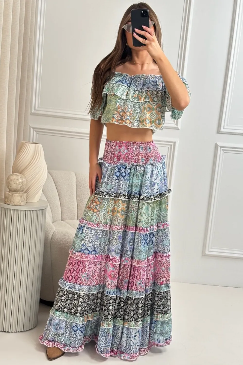 Lateysha multi boho maxi skirt & bardot top