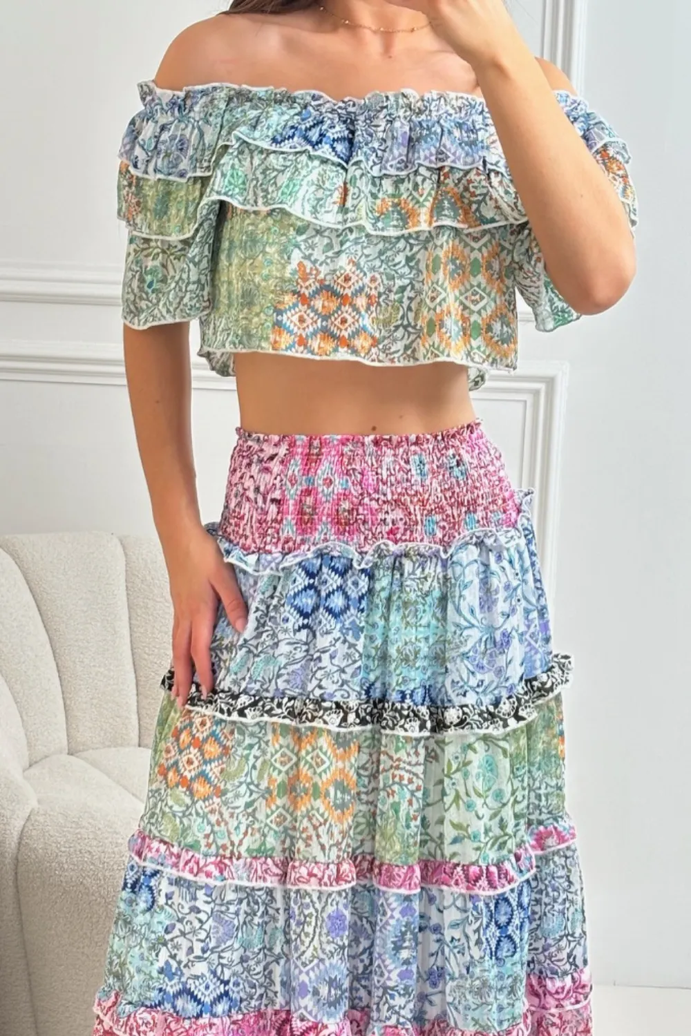 Lateysha multi boho maxi skirt & bardot top