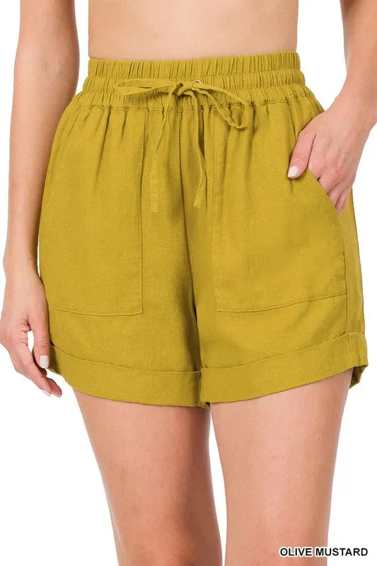 LINEN DRAWSTRING-WAIST SHORTS WITH POCKETS