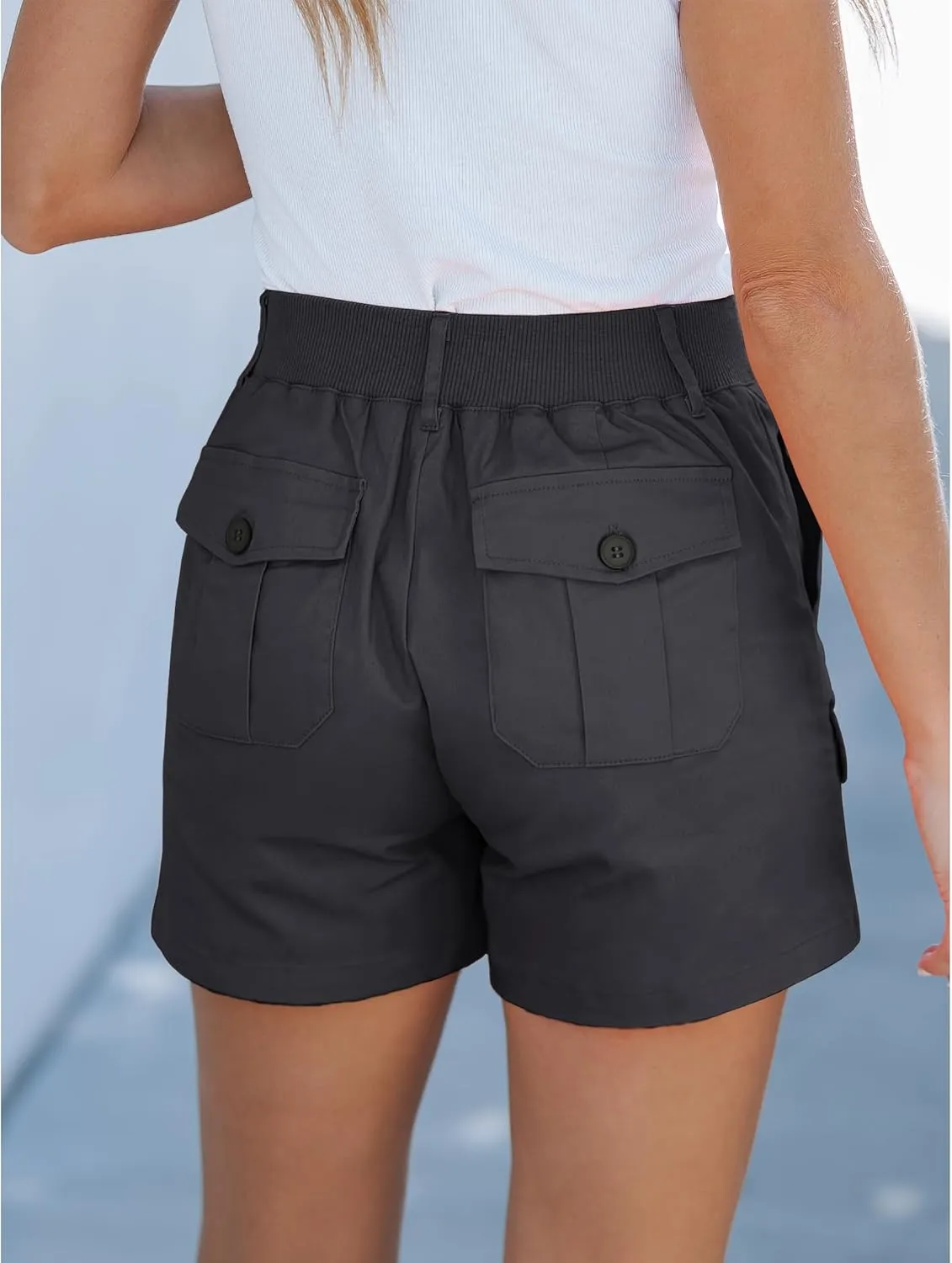 luvamia Cargo Shorts for Women Casual Summer High Waisted Chino Shorts Ribbed Elastic Waist Utility Pockets Comfy Shorts