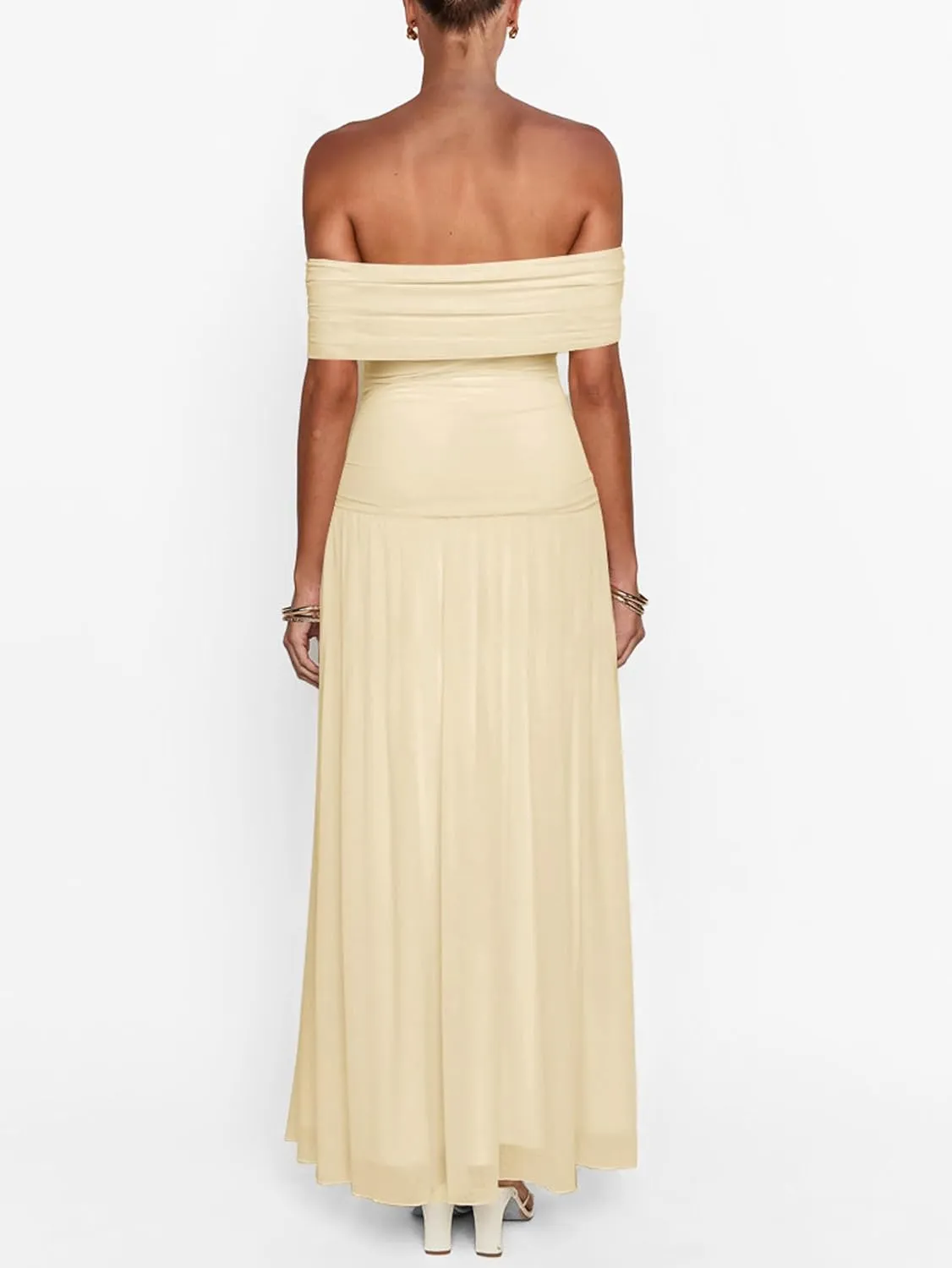 MASCOMODA Women Off The Shoulder Mesh Maxi Dress Bodycon Ruched Formal Sleeveless Pleated Cocktail Wedding Guest Long Dresses