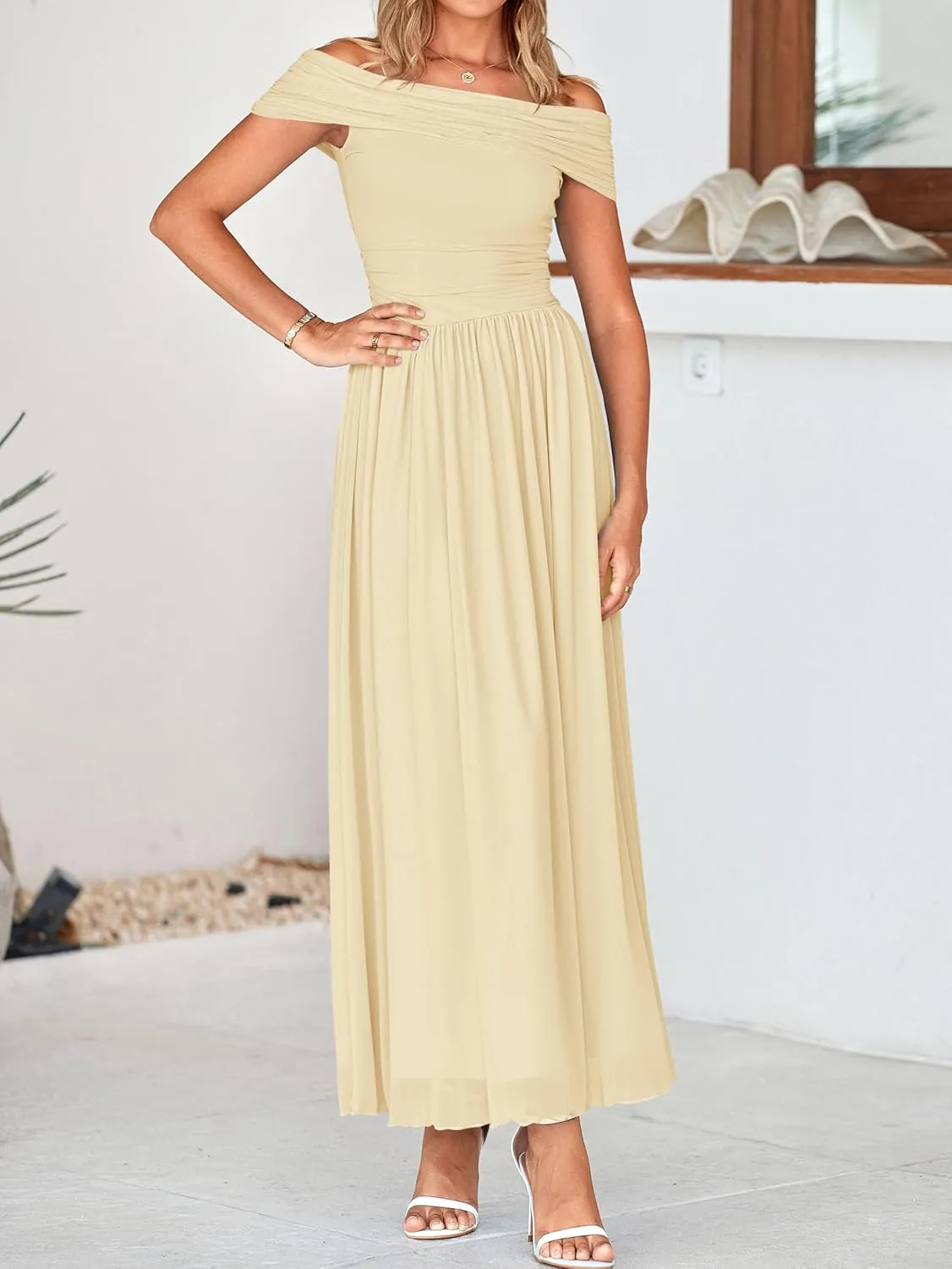MASCOMODA Women Off The Shoulder Mesh Maxi Dress Bodycon Ruched Formal Sleeveless Pleated Cocktail Wedding Guest Long Dresses