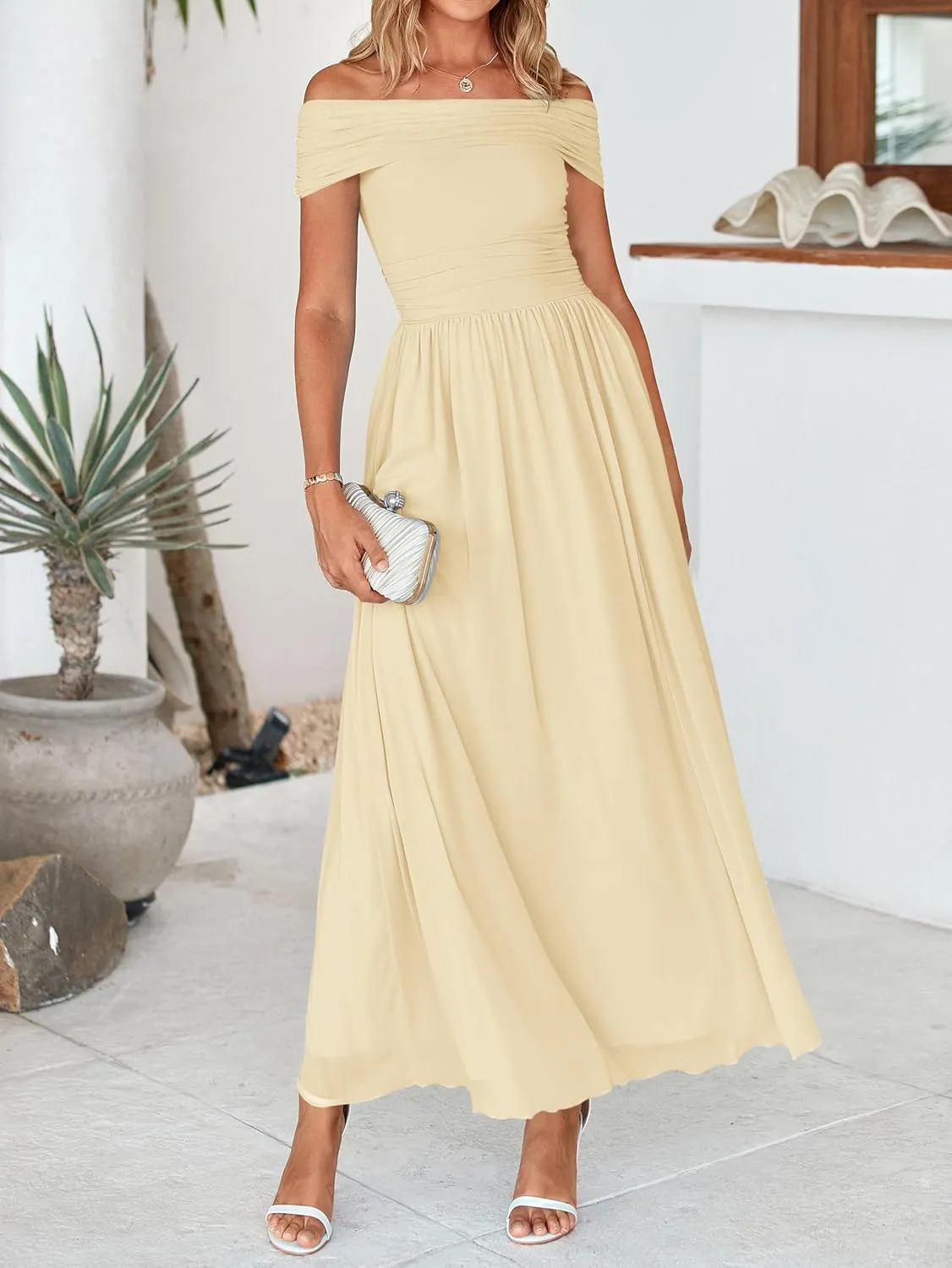 MASCOMODA Women Off The Shoulder Mesh Maxi Dress Bodycon Ruched Formal Sleeveless Pleated Cocktail Wedding Guest Long Dresses