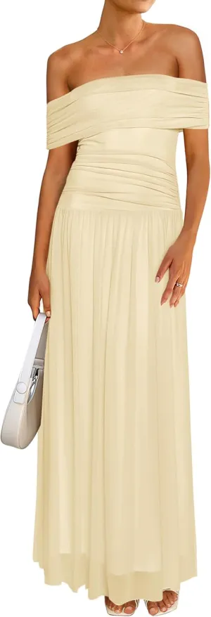 MASCOMODA Women Off The Shoulder Mesh Maxi Dress Bodycon Ruched Formal Sleeveless Pleated Cocktail Wedding Guest Long Dresses