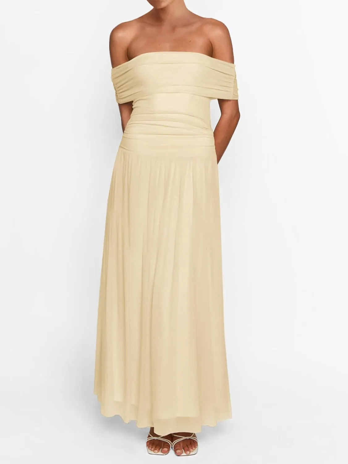 MASCOMODA Women Off The Shoulder Mesh Maxi Dress Bodycon Ruched Formal Sleeveless Pleated Cocktail Wedding Guest Long Dresses