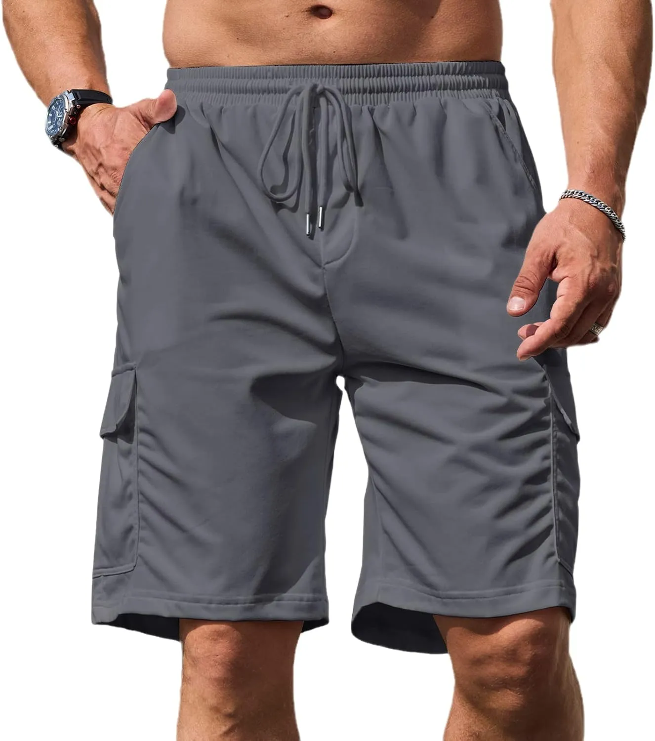 Men's Cargo Shorts Elastic Waist Outdoor Relaxed Fit Sport Shorts Jogger Lightweight Hiking Shorts with Pockets