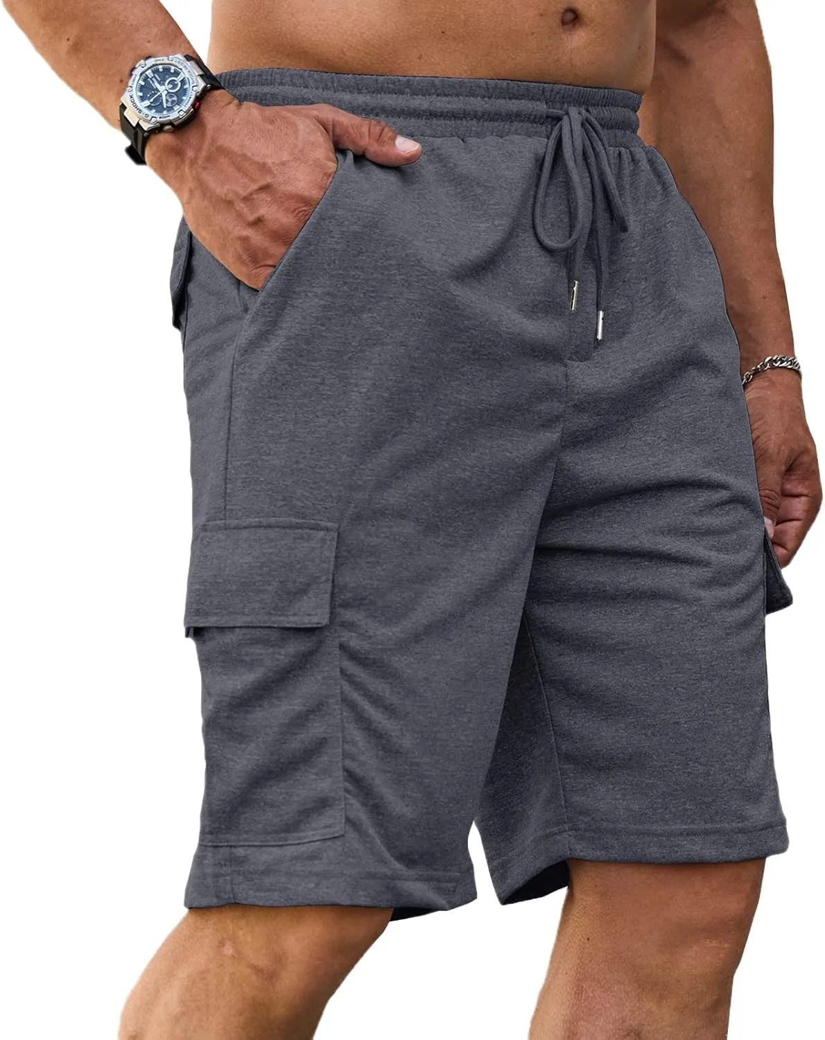 Men's Cargo Shorts Elastic Waist Outdoor Relaxed Fit Sport Shorts Jogger Lightweight Hiking Shorts with Pockets