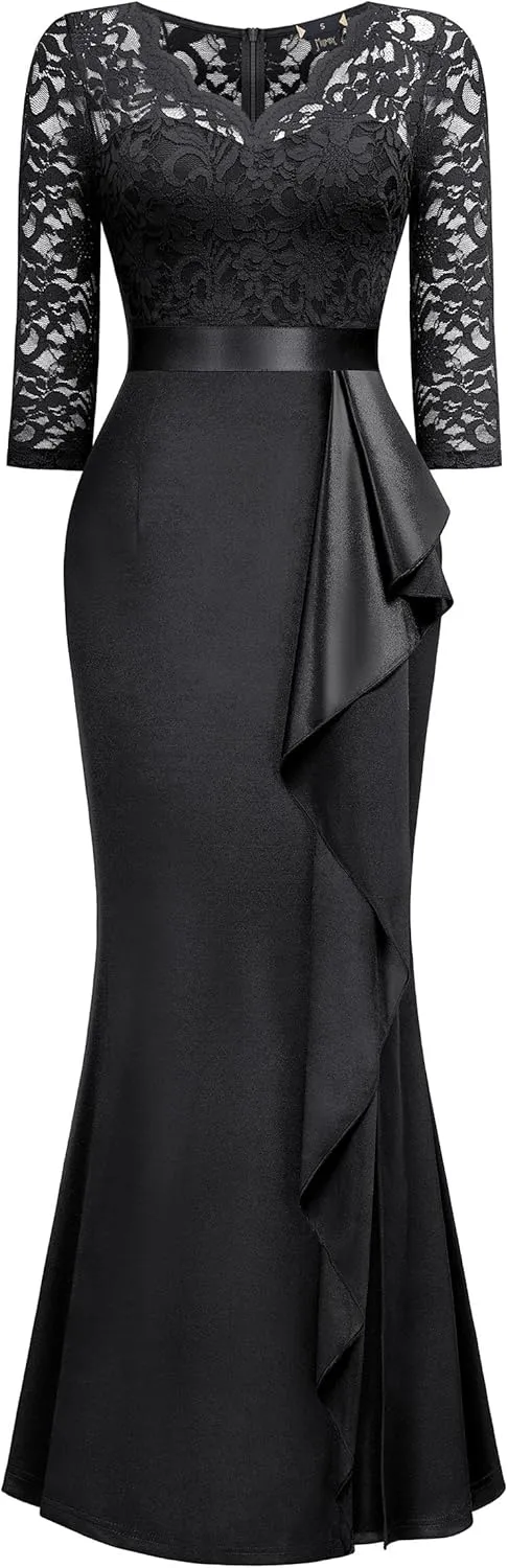 MISSMAY Women's Elegant Floral Lace V-Neck Formal Wedding Maxi Dress