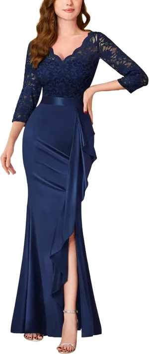 MISSMAY Women's Elegant Floral Lace V-Neck Formal Wedding Maxi Dress
