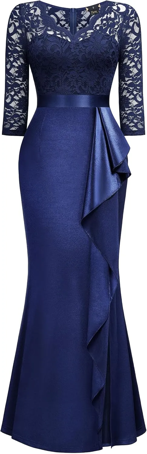 MISSMAY Women's Elegant Floral Lace V-Neck Formal Wedding Maxi Dress