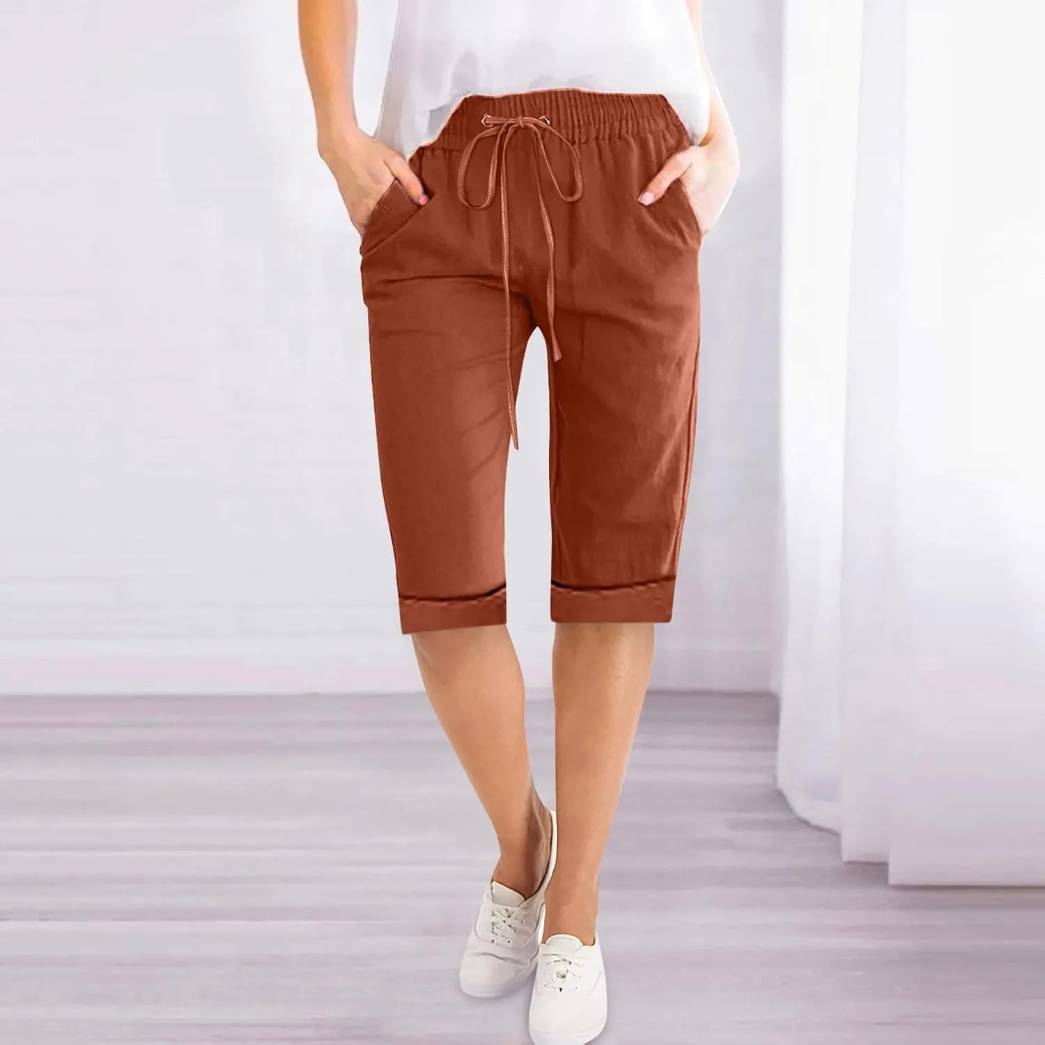 Petite to Bermuda Shorts for Women Knee Length Cotton Linen Shorts Casual Summer Baggy Dressy Shorts with Pockets