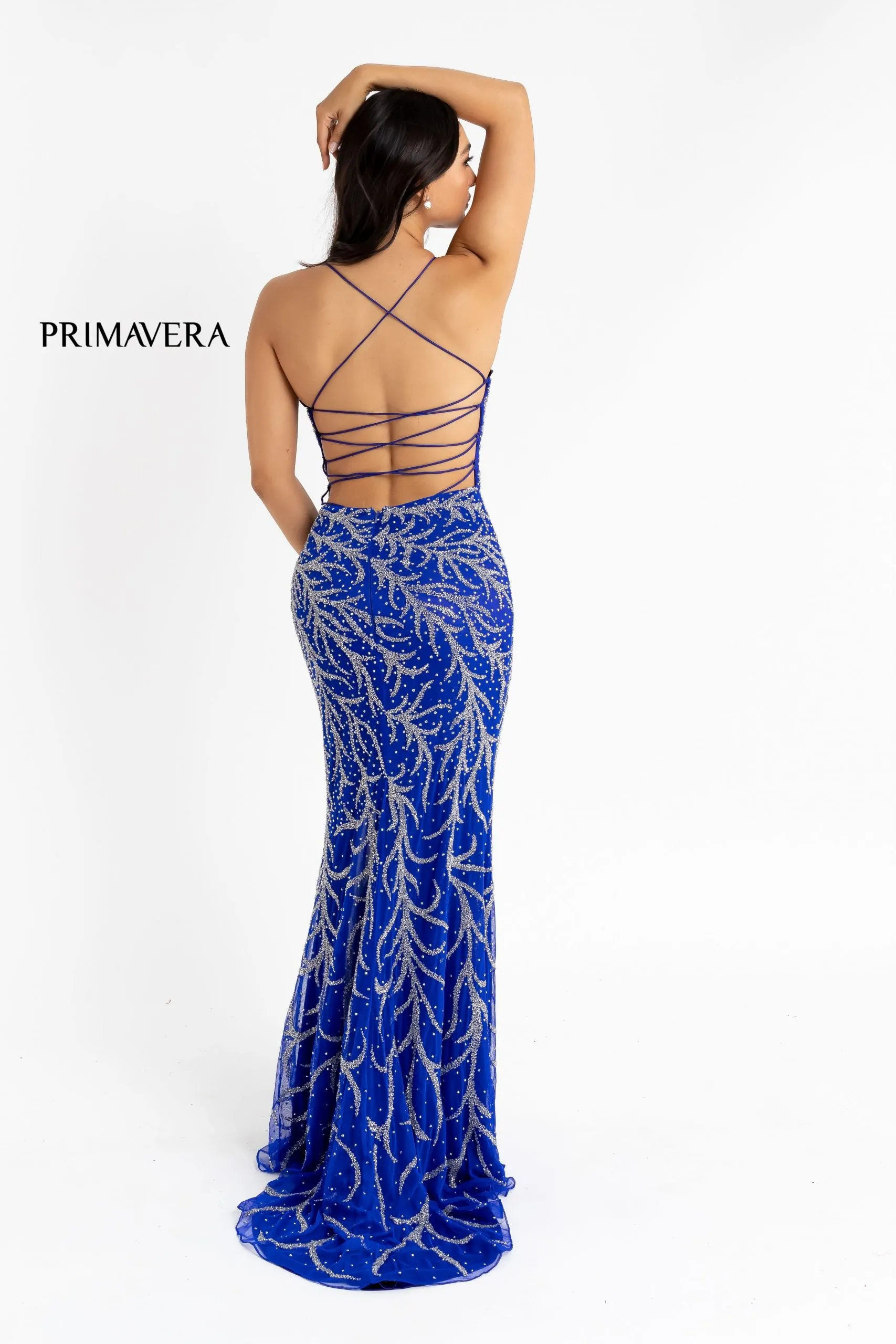 Primavera Couture 3636 Blue size 4 Long Fitted Beaded Prom Dress V Neck Slit Formal Pageant
