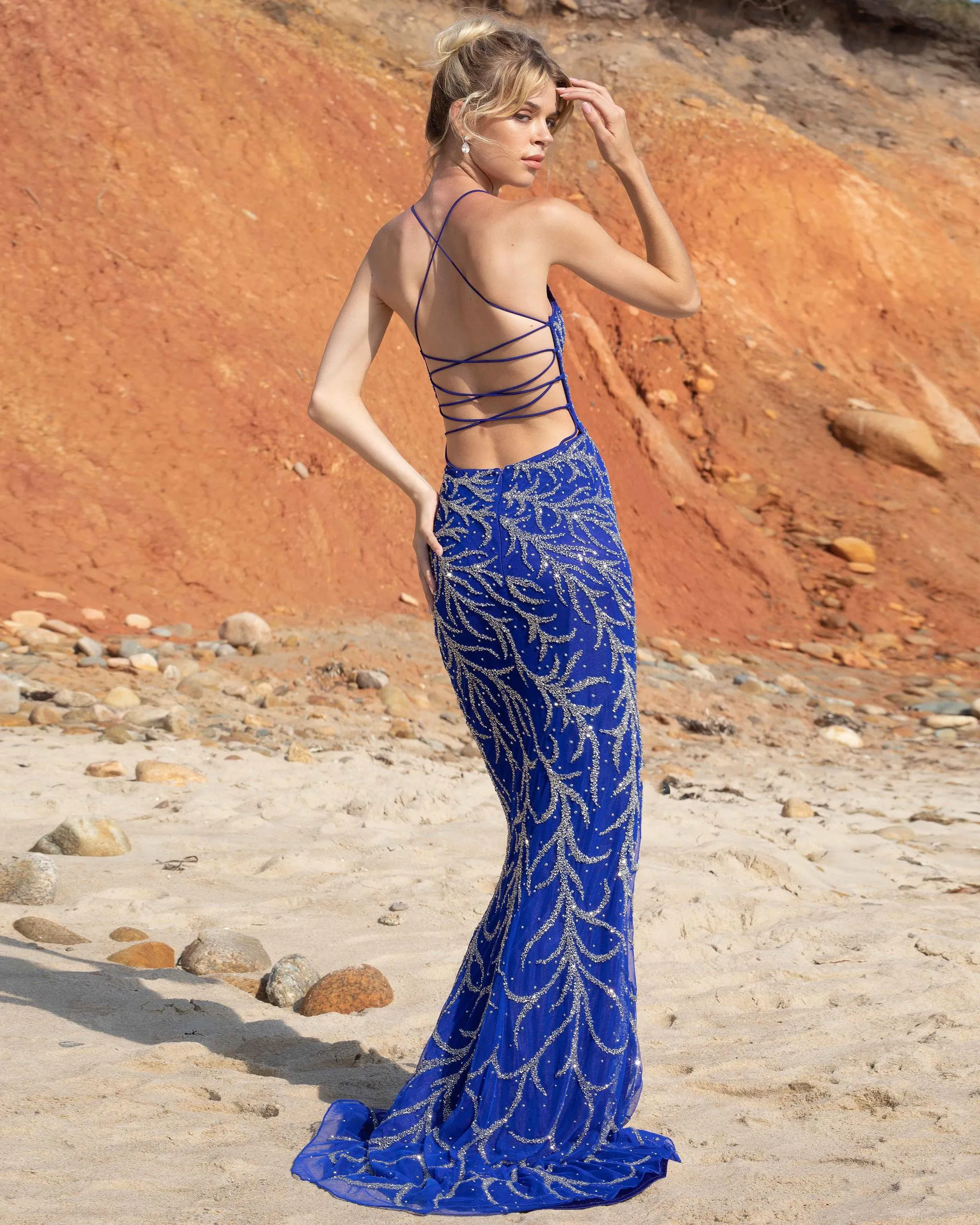 Primavera Couture 3636 Blue size 4 Long Fitted Beaded Prom Dress V Neck Slit Formal Pageant