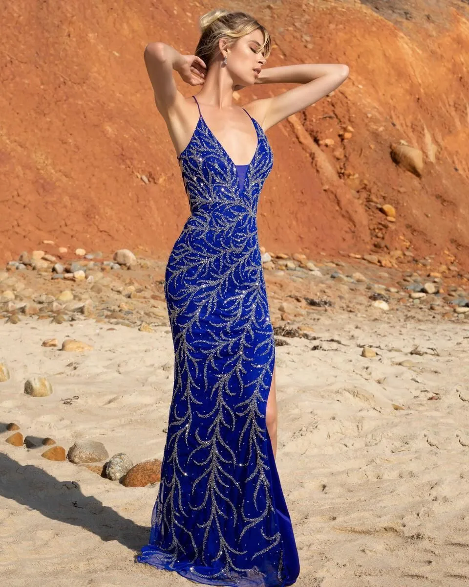Primavera Couture 3636 Blue size 4 Long Fitted Beaded Prom Dress V Neck Slit Formal Pageant