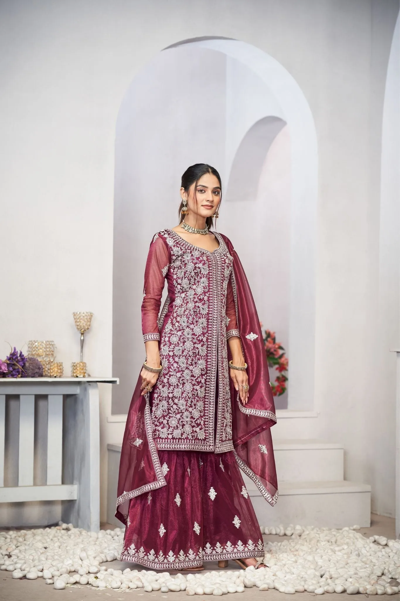 Purple Sequins Embroidered With Real Mirror Work Sharara Set Of 3