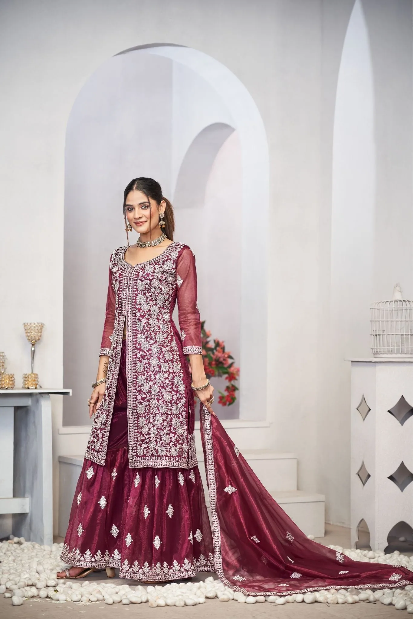 Purple Sequins Embroidered With Real Mirror Work Sharara Set Of 3