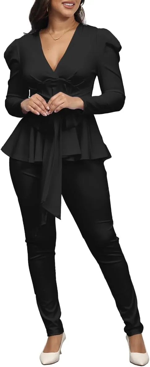 Remelon 2 Piece Outfits for Women Blazer with Pants Deep V Long Sleeve Slim Fit Ruffle Pelplum Business Suit