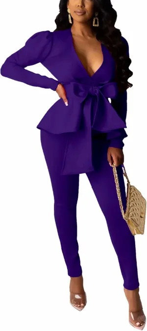 Remelon 2 Piece Outfits for Women Blazer with Pants Deep V Long Sleeve Slim Fit Ruffle Pelplum Business Suit